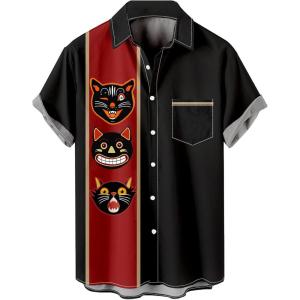 image:imageMens Bowling Shirts 1950s Hawaiian Vintage Button Down Short Sleeve Shirts Summer Casual Holiday Beach ShirtsHalloweenblack Clown Cat