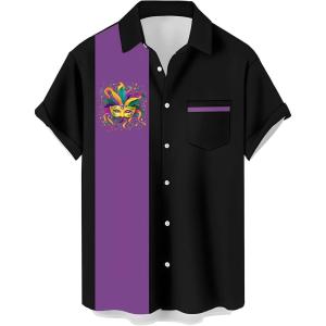 image:imageMens Bowling Shirts 1950s Hawaiian Vintage Button Down Short Sleeve Shirts Summer Casual Holiday Beach ShirtsMardi Gras Golden Mask