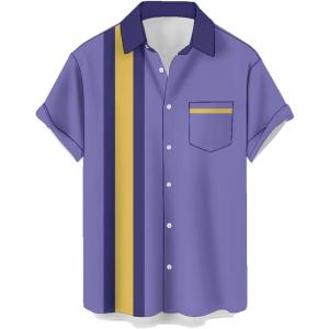 image:imageMens Bowling Shirts 1950s Hawaiian Vintage Button Down Short Sleeve Shirts Summer Casual Holiday Beach ShirtsPurple Yellow Stripes