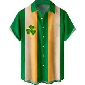 image:imageMens Bowling Shirts 1950s Hawaiian Vintage Button Down Short Sleeve Shirts Summer Casual Holiday Beach ShirtsSt Patrick Green Gold Line Shamrock