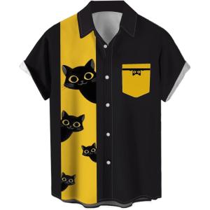 image:imageMens Bowling Shirts 1950s Hawaiian Vintage Button Down Short Sleeve Shirts Summer Casual Holiday Beach ShirtsTwo Tone Yellow Black Cat