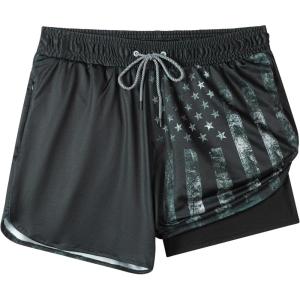 image:imageFT FENTENG Mens Swim Trunks with Compression Liner 5 Stretch Board Shorts Quick Dry Zipper Pockets 2 in 1 Mens Bathing SuitsBlack American Flagc