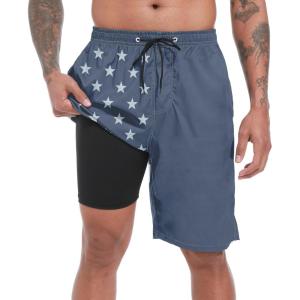 image:imageFT FENTENG Mens Swim Trunks with Compression Liner 9 Board Shorts 2 in 1 Quick Dry Beach Swimwear Bathing Suits for MenBlue Flagc