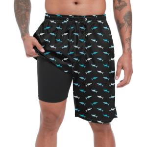 image:imageFT FENTENG Mens Swim Trunks with Compression Liner 9 Board Shorts 2 in 1 Quick Dry Beach Swimwear Bathing Suits for MenGrey Blue Sharkc