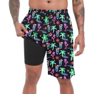 image:imageFT FENTENG Mens Swim Trunks with Compression Liner 9 Board Shorts 2 in 1 Quick Dry Beach Swimwear Bathing Suits for MenNeon Flamingoc
