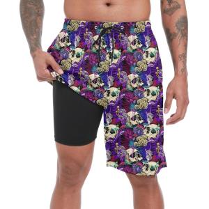 image:imageFT FENTENG Mens Swim Trunks with Compression Liner 9 Board Shorts 2 in 1 Quick Dry Beach Swimwear Bathing Suits for MenPurple Skullc