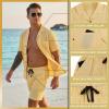 image:imageLzzidou Mens 2 Piece Outfit Short Set Striped Button Down Shirt and Drawstring Shorts Casual Summer Beach Matching SuitMustard Yellow Stripe