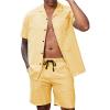 image:imageLzzidou Mens 2 Piece Outfit Short Set Striped Button Down Shirt and Drawstring Shorts Casual Summer Beach Matching SuitMustard Yellow Stripe