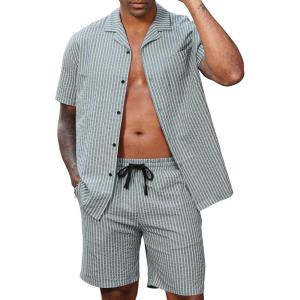 image:imageLzzidou Mens 2 Piece Outfit Short Set Striped Button Down Shirt and Drawstring Shorts Casual Summer Beach Matching SuitCoastal Slate Stripe