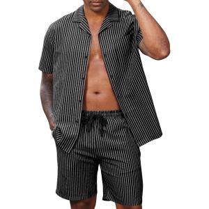 image:imageLzzidou Mens 2 Piece Outfit Short Set Striped Button Down Shirt and Drawstring Shorts Casual Summer Beach Matching SuitMidnight Black Stripe
