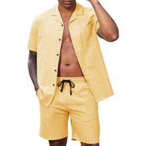 image:imageLzzidou Mens 2 Piece Outfit Short Set Striped Button Down Shirt and Drawstring Shorts Casual Summer Beach Matching SuitMustard Yellow Stripe