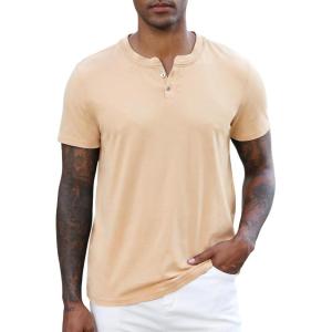 image:imageLzzidou Mens Short Sleeve Henley Shirt  Slim Fit Casual 2Button Placket TShirts 95 Cotton StretchBeige