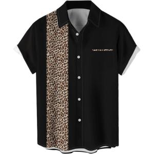 image:imageMens Vintage Bowling Shirts 1950s Casual Short Sleeve Button Up Contrast Shirt Summer Color Block Cuban ShirtsLeopard