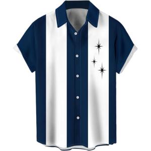 image:imageMens Vintage Bowling Shirts 1950s Casual Short Sleeve Button Up Contrast Shirt Summer Color Block Cuban ShirtsNavy White Star