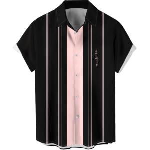 image:imageMens Vintage Bowling Shirts 1950s Casual Short Sleeve Button Up Contrast Shirt Summer Color Block Cuban ShirtsPink Stripes
