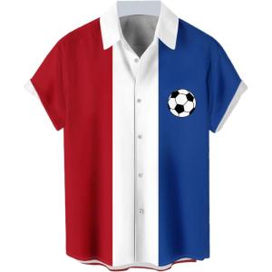 image:imageMens Vintage Bowling Shirts 1950s Casual Short Sleeve Button Up Contrast Shirt Summer Color Block Cuban ShirtsRed White Blue
