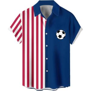 image:imageMens Vintage Bowling Shirts 1950s Casual Short Sleeve Button Up Contrast Shirt Summer Color Block Cuban ShirtsRed White Stripe Blue