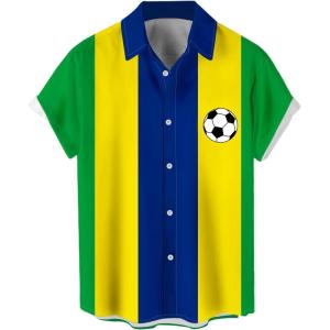 image:imageMens Vintage Bowling Shirts 1950s Casual Short Sleeve Button Up Contrast Shirt Summer Color Block Cuban ShirtsYellow Blue Green