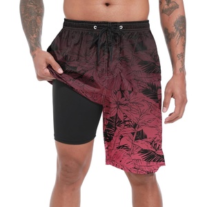 image:imageFT FENTENG Mens Swim Trunks with Compression Liner 9 Big and Tall Board Shorts 2 in 1 Quick Dry Long Swimwear Bathing SuitsGradient Maroon Leaf