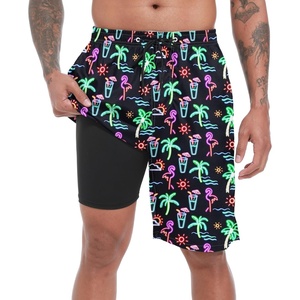 image:imageFT FENTENG Mens Swim Trunks with Compression Liner 9 Big and Tall Board Shorts 2 in 1 Quick Dry Long Swimwear Bathing SuitsNeon Flamingoc