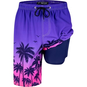 image:imageFT FENTENG Mens Swim Trunks with Compression Liner 9 Big and Tall Board Shorts 2 in 1 Quick Dry Long Swimwear Bathing SuitsSunset Palm Treec