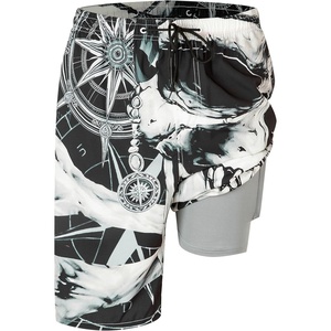 image:imageFT FENTENG Mens Swim Trunks with Compression Liner 9 Big and Tall Board Shorts 2 in 1 Quick Dry Long Swimwear Bathing SuitsVintage Pirate Skull